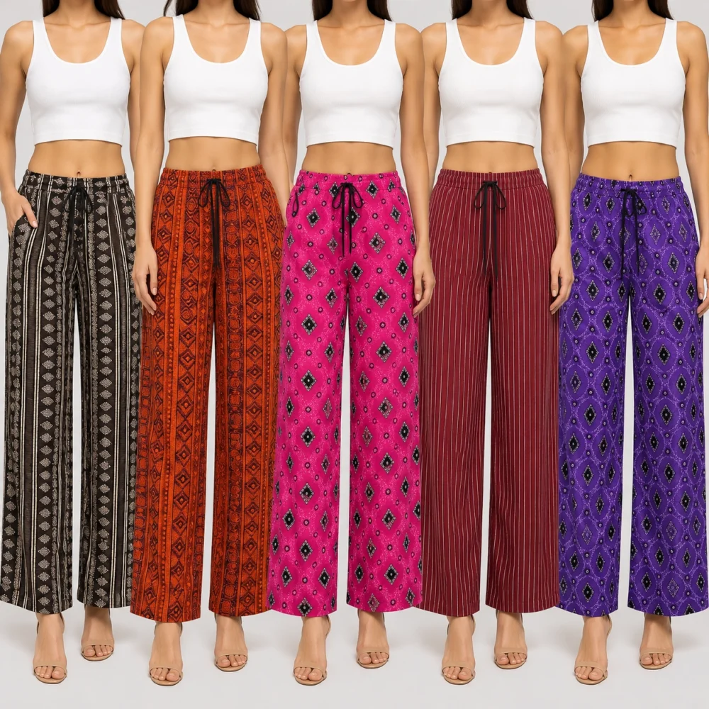 Women’s Casual Printed Plazo Pants Pack of 5 | Soft & Trendy Palazzo