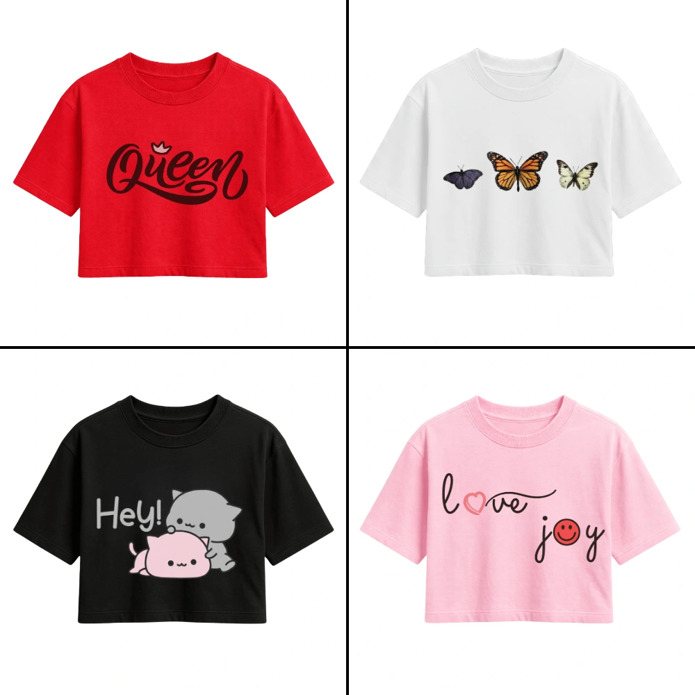 Women Graphic Printed Crop Top Love Joy | Combo Pack of 3 Dress as Set | illustrated Crop Top Design