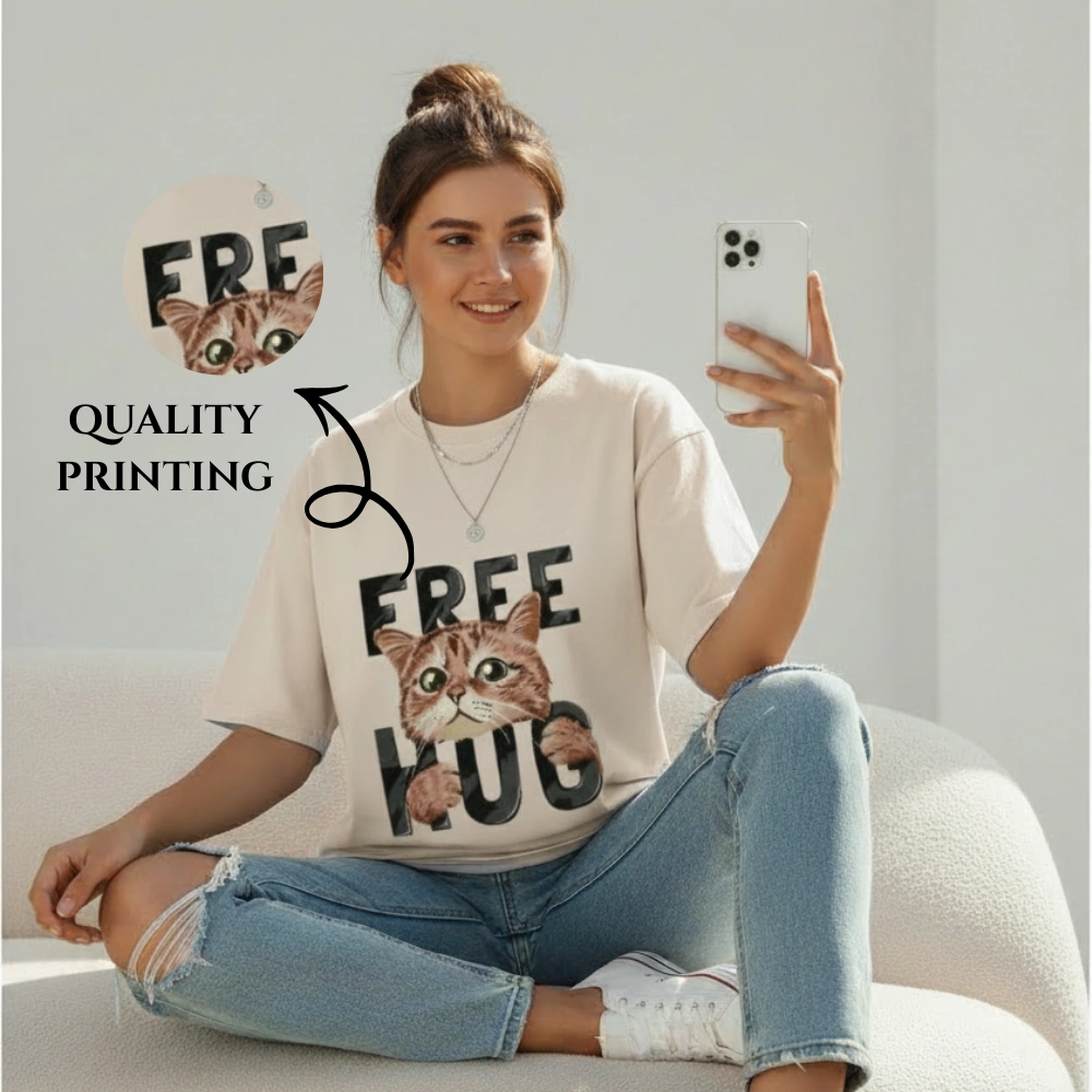 Women Graphic Printed Oversized T-shirt Cat day | Combo Pack of 2 Dress as Set | illustrated T-shirt Design |Regular Wear & Casual wear
