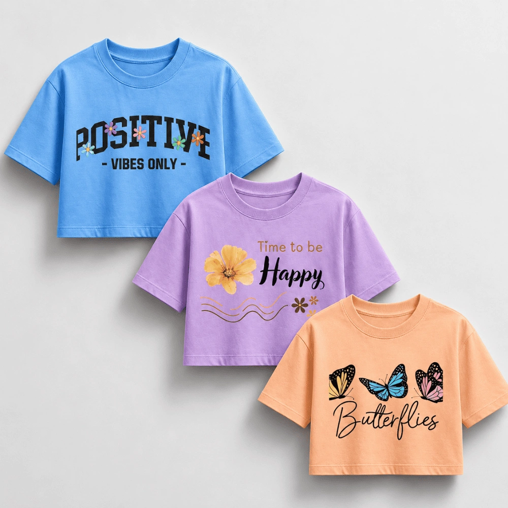 Trendy Coquette Bow & Streetwear Graphic Printed Crop Tops for Women | Pack of 3 Casual Drop Shoulder Crop T-Shirts Combo