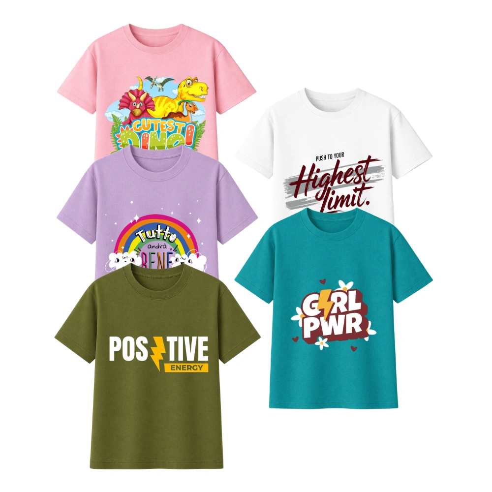 Kids Printed T-Shirts Combo Pack | Dino, Rainbow & Motivational Graphic Tees for Boys & Girls