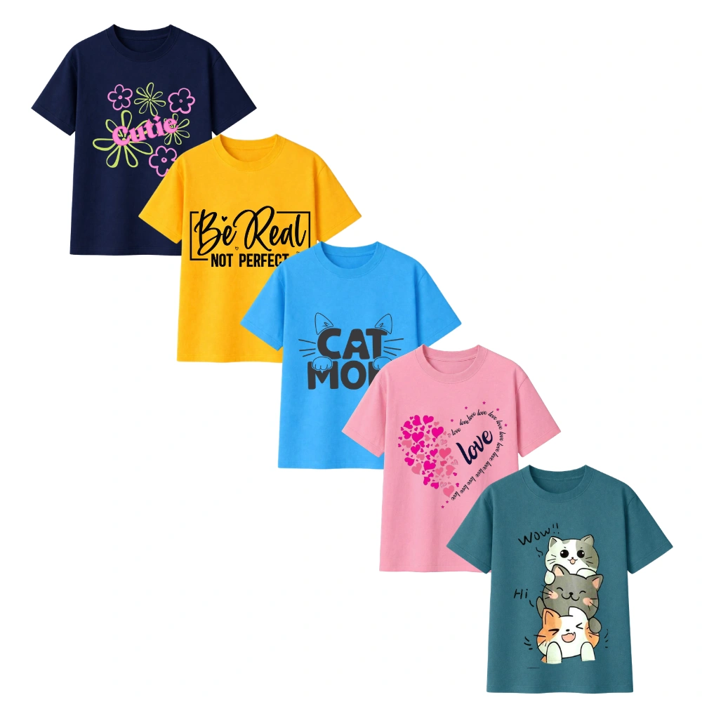Girls Printed T-Shirts Combo Pack | Cute Graphic Cotton Tees for Kids Girls (Multicolor Set of 5)