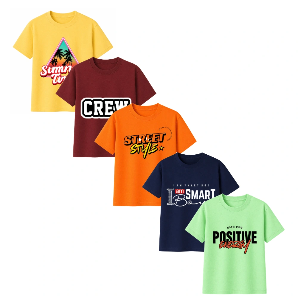 Kids Printed Cotton T-Shirt Combo Pack of 5 | Trendy Half Sleeve Casual Wear for Boys & Girls - Biowash Material