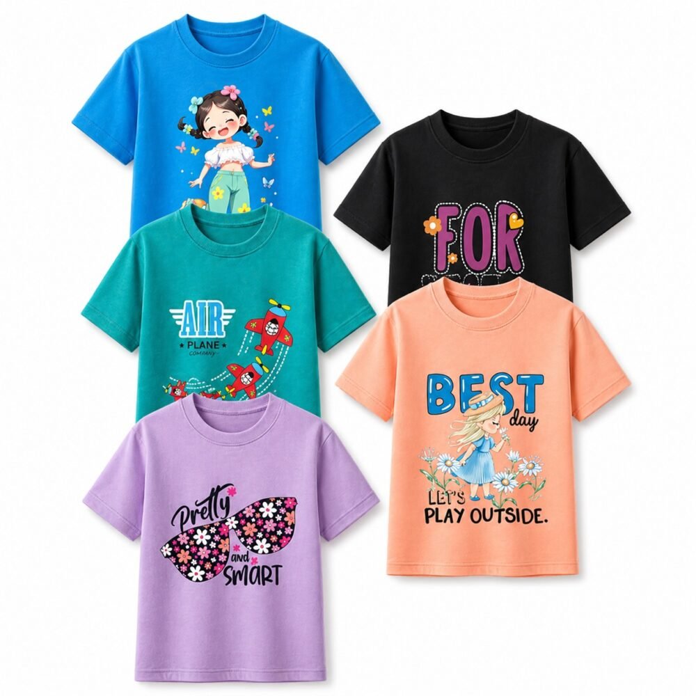 Kids Printed T-Shirts Combo Pack 5 set – Cute Cartoon Cotton Tees for Boys & Girls | Comfortable Daily Wear