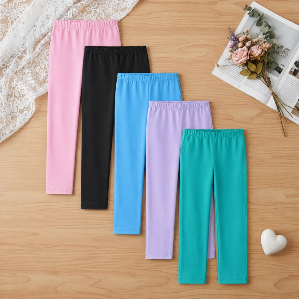Kids Girls Cotton Straight Fit Track Pants Combo Pack of 5 | Soft Elastic Waist Daily Wear Solid