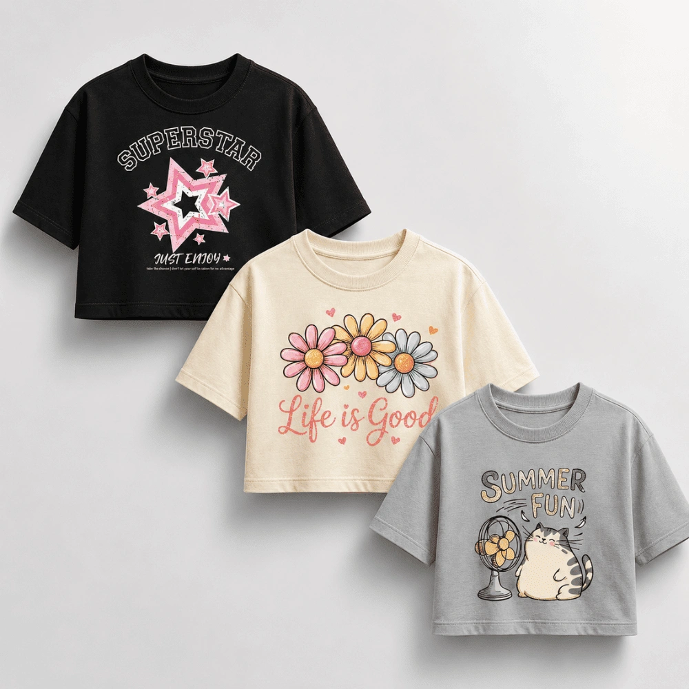 Trendy Cute Graphic Printed Crop Tops for Women & Girls | Pack of 3 Casual Drop Shoulder Boxy Crop T-Shirts Combo