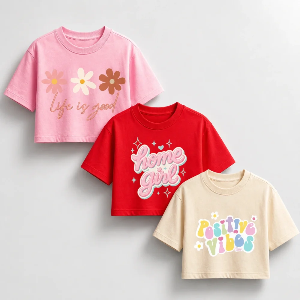 Trendy Aesthetic Graphic Printed Crop Tops for Women & Girls | Pack of 3 Casual Round Neck Drop Shoulder Crop T-Shirts Combo