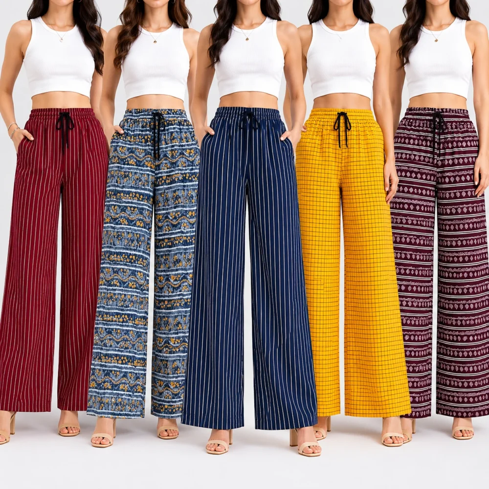 Women’s Pack of 5 Printed Palazzo Pants | Comfortable Wide Leg Plazo Combo