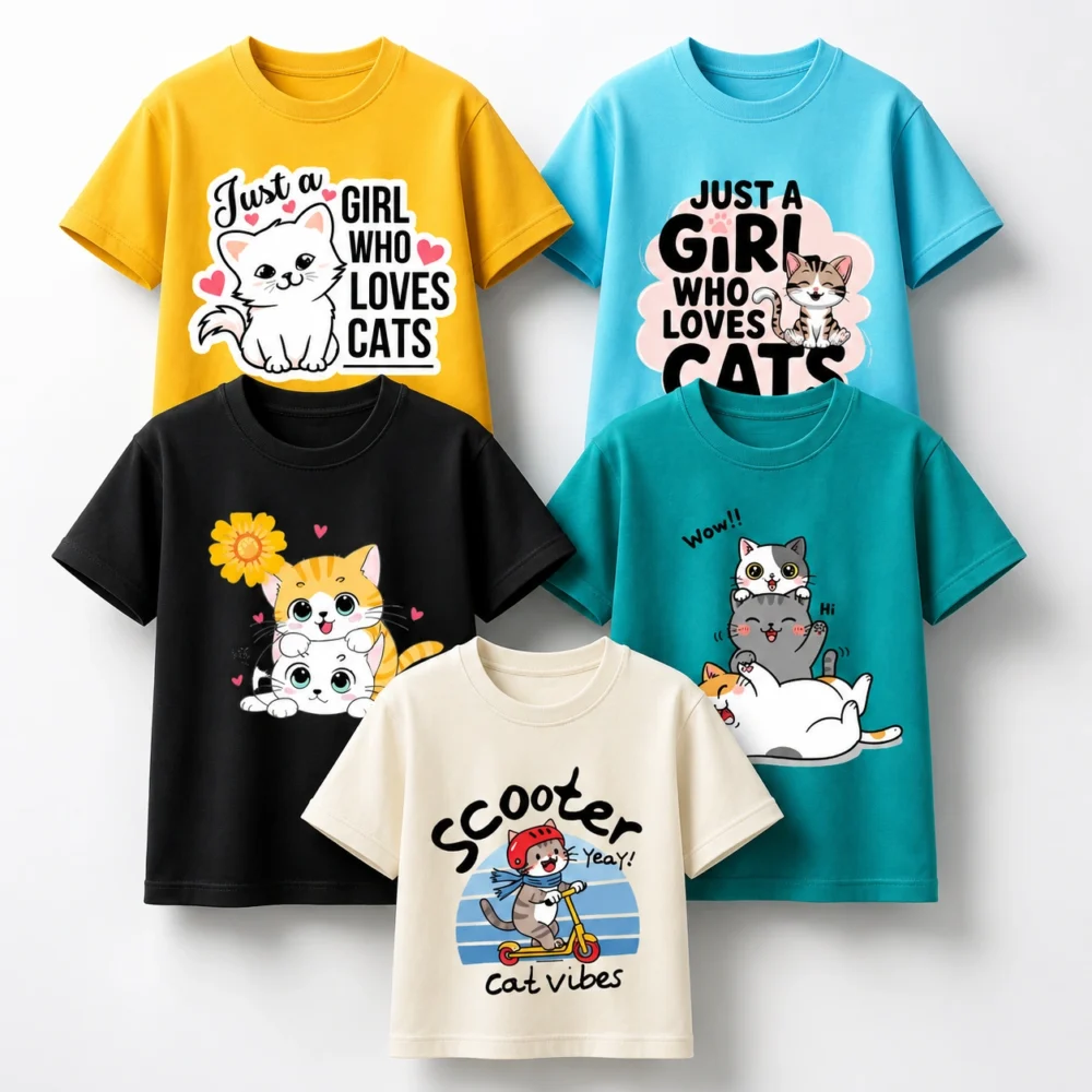 Cute Cat Printed T-Shirts for Girls | Trendy Kids Graphic Tees