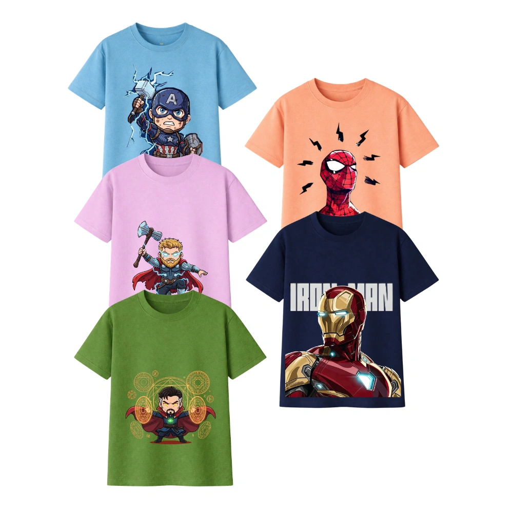 Kids Superhero Printed T-Shirts Combo Pack as 5 piece as set | Captain, Spider, Iron & Hero Cartoon Tees for Boys & Girls