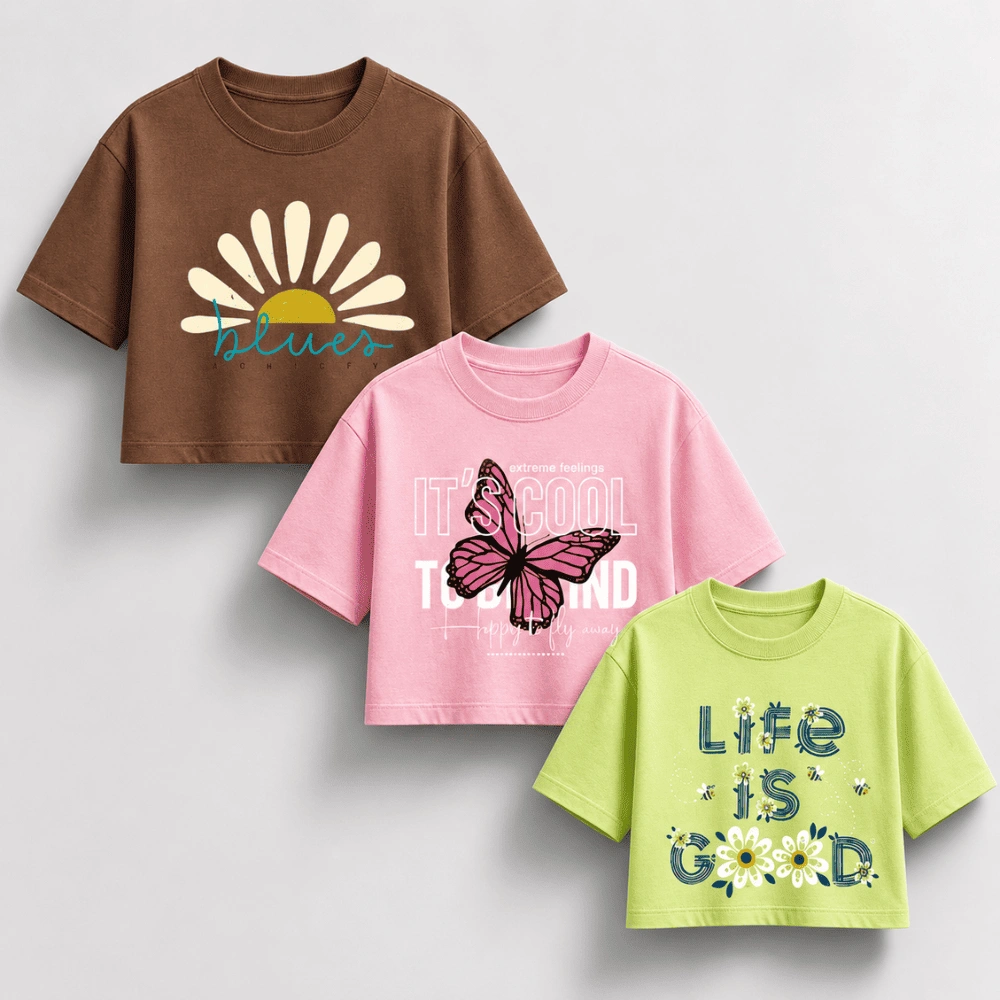 Trending Aesthetic Floral & Butterfly Graphic Printed Crop Tops for Women | Pack of 3 Casual Drop Shoulder Boxy Crop T-Shirts Combo