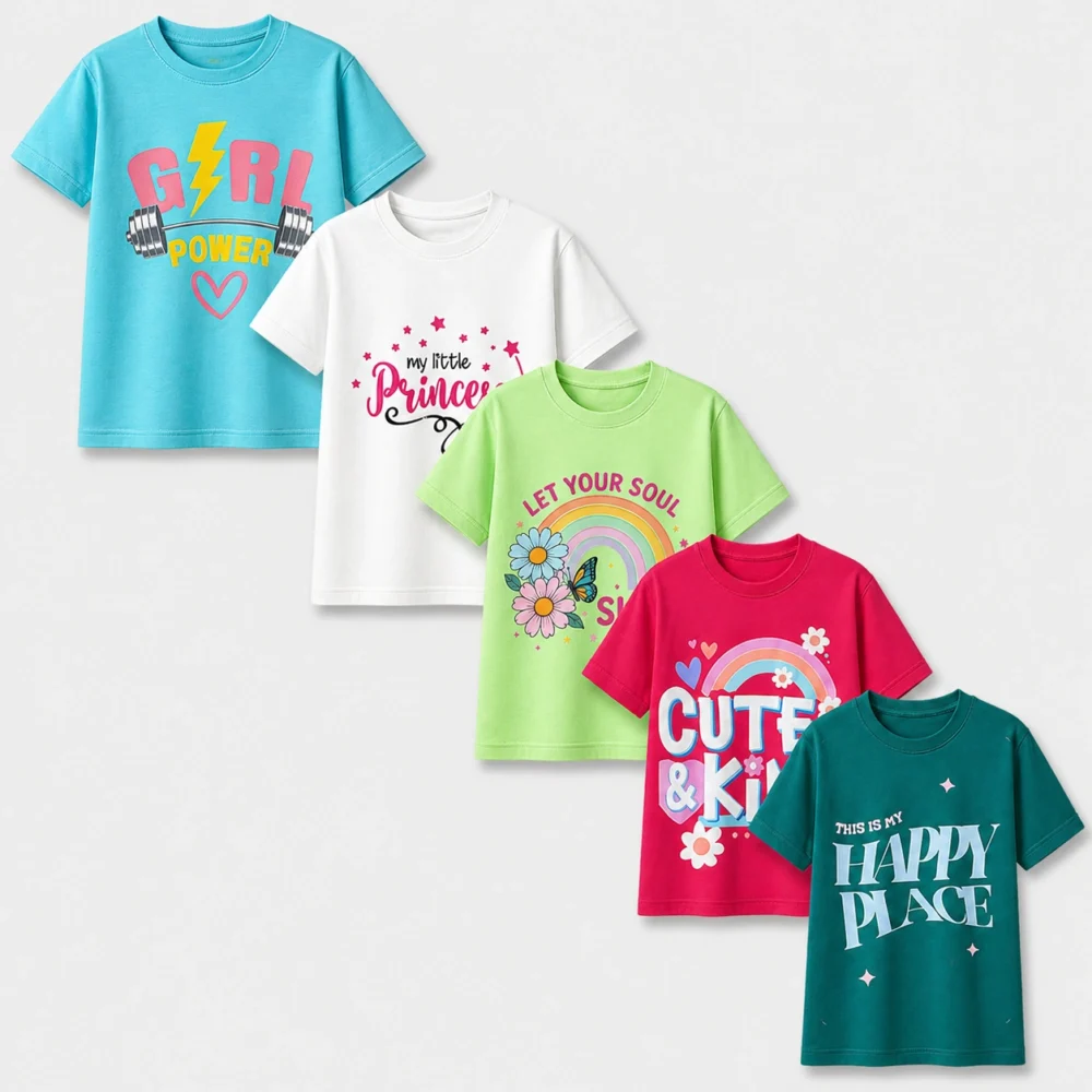 Girls Printed Cotton T-Shirts Combo Pack 5 – Cute & Trendy Kids Tees | Soft Everyday Wear