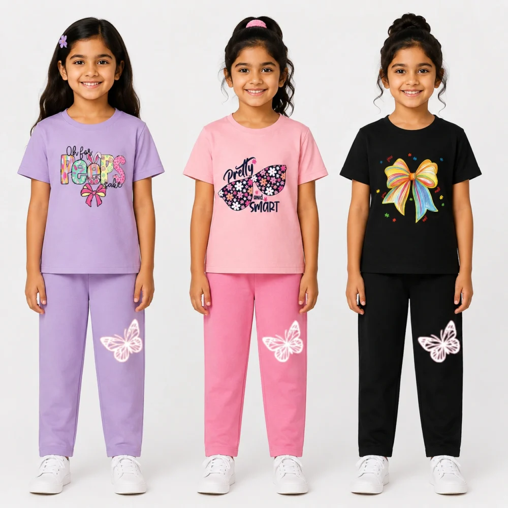 Kids Girls Printed T-Shirt & Pant Co-Ord Set for 6–14 Years | Trendy Graphic Cotton Outfit Combo - PACK of 3