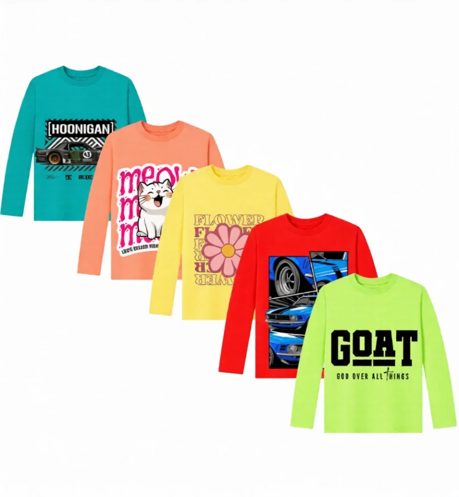 Kids Full Sleeve Printed T-Shirts Combo Pack | Multicolor Graphic Cotton Tees for Boys & Girls (5 Pack Set) - BioWash Material