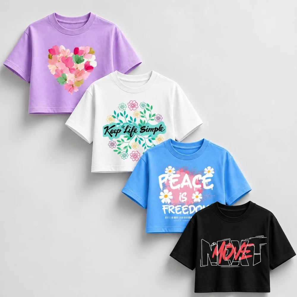 Girls Printed Cotton Croptop Combo Pack 4 – Floral & Graphic Tees for Girls | Soft & Stylish Wear - Party wear