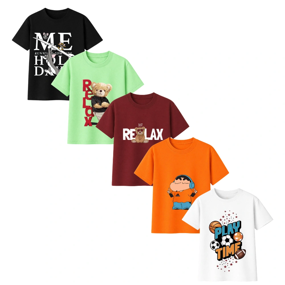 Kids Printed T-Shirts Combo Pack | Cartoon, Bear & Sports Graphic Tees for Boys & Girls -BioWash Material