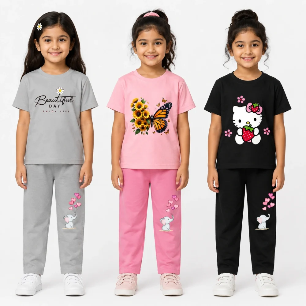 Kids Girls Printed T-Shirt & Pant Co-Ord Set for 6–14 Years | Cute Cartoon & Butterfly Cotton Outfit Combo - Pack of 3