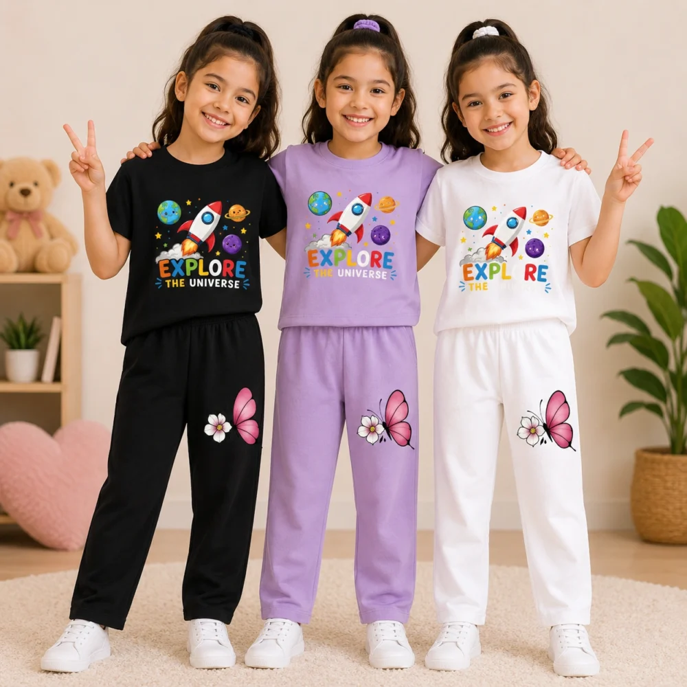 Girls Space Theme T-Shirt & Pant Combo Set | Explore The Universe Kids Wear
