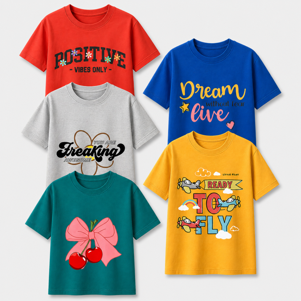 Girls Printed T-Shirts Combo Pack 5 – Cute Cotton Tees for Kids | Trendy & Comfortable Wear