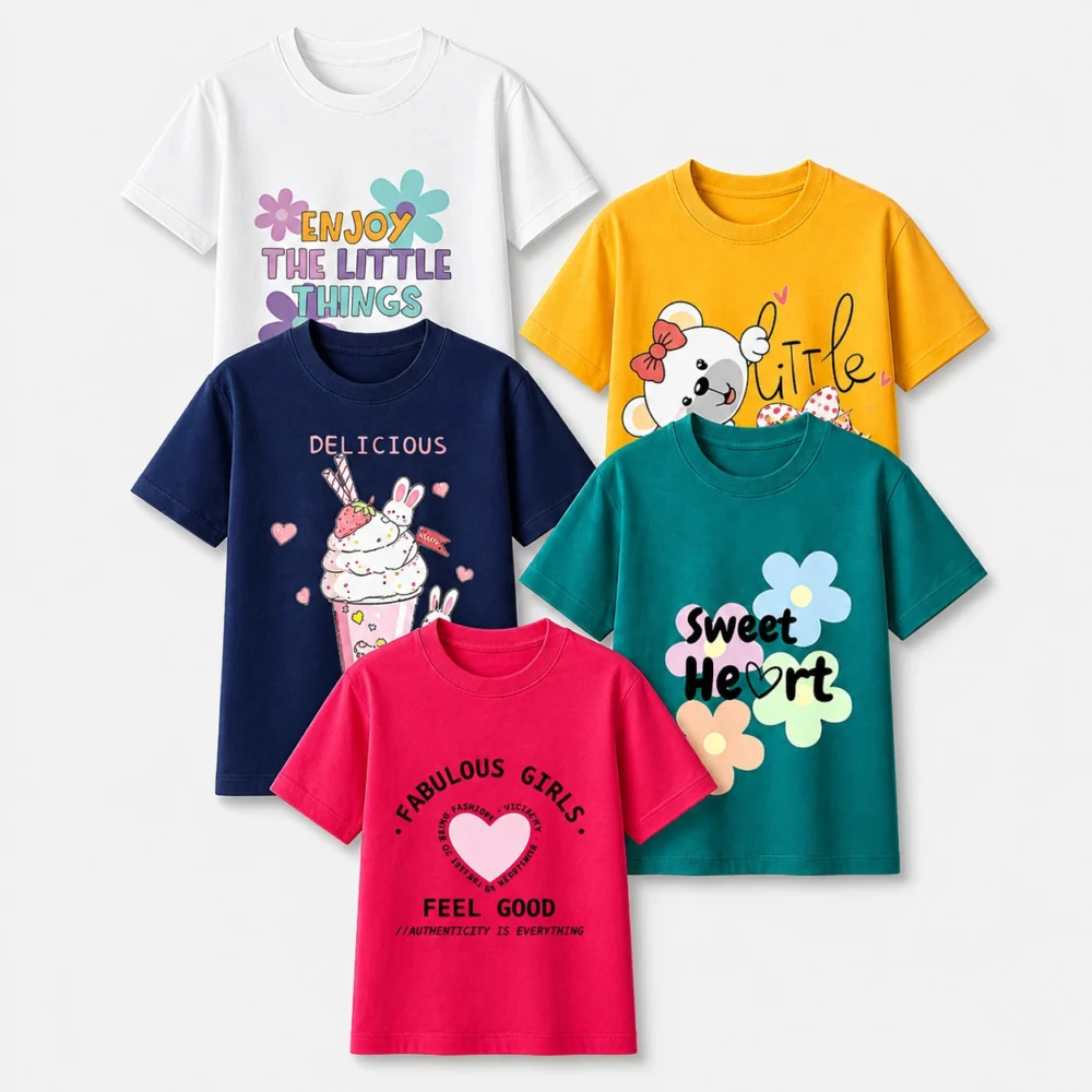 Kids Printed T-Shirts Combo Pack 5 – Cute Girls Cotton Tees | Soft & Stylish Everyday Wear