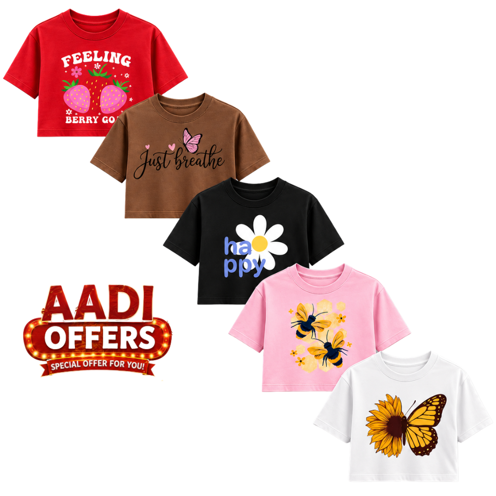 Aadi Sale Special – Women's Pack of 4 Cotton Crop Tops | Trendy Printed Half Sleeve Crop T-Shirts | Soft & Comfortable Casual Wear