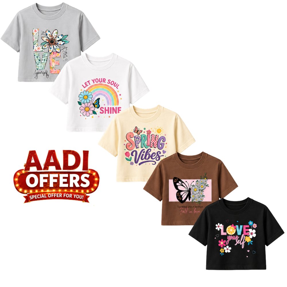 Aadi Sale Special – Women's Pack of 4 Cotton Crop Tops | Trendy Printed Half Sleeve Crop T-Shirts | Soft & Comfortable Casual Wear