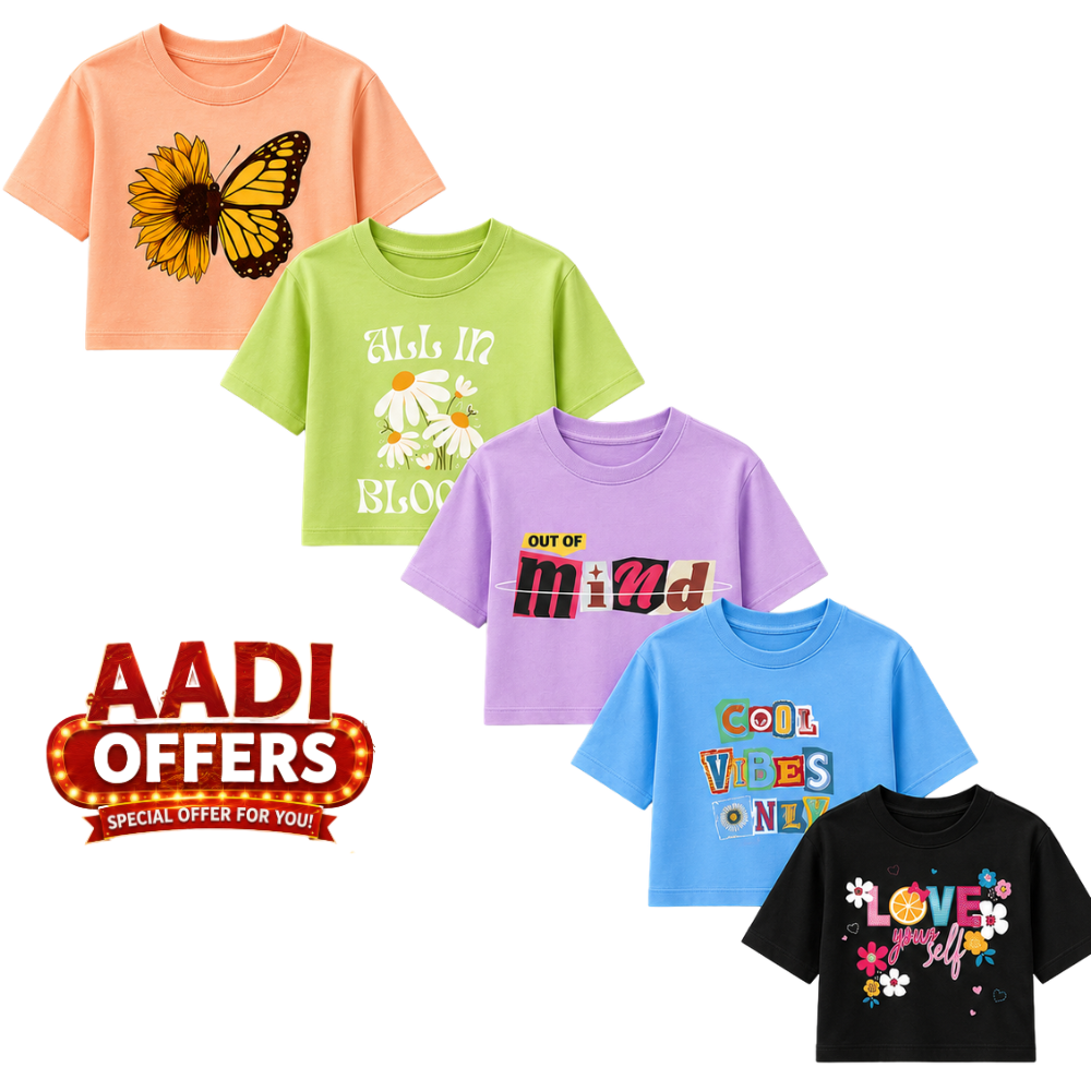Aadi Sale Special – Women's Pack of 4 Cotton Crop Tops | Trendy Printed Half Sleeve Crop T-Shirts | Soft & Comfortable Casual Wear