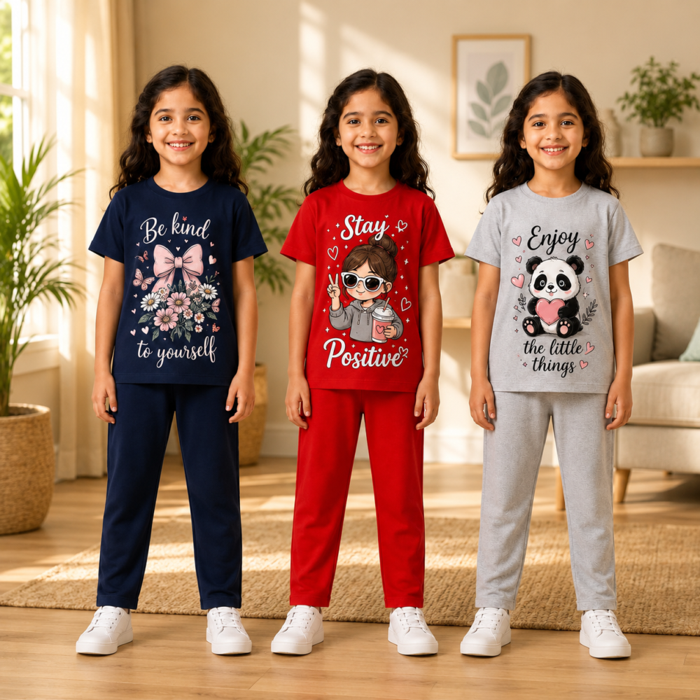 Girls Printed Cotton T-Shirt & Pant Set | Soft Casual Co-Ord Outfit for Kids