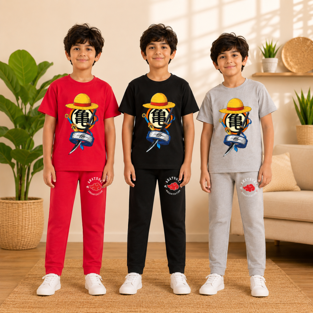 Kids Anime Graphic Cotton T-Shirt & Jogger Pant Set | Soft Casual Co-Ord Outfit for Boys & Girls