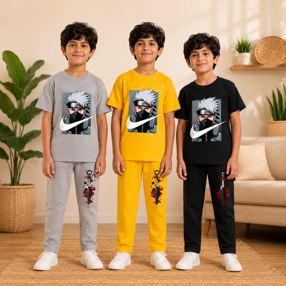 Kids Anime Inspired Cotton T-Shirt & Pant Set | Soft Casual Co-Ord Outfit for Boys & Girls