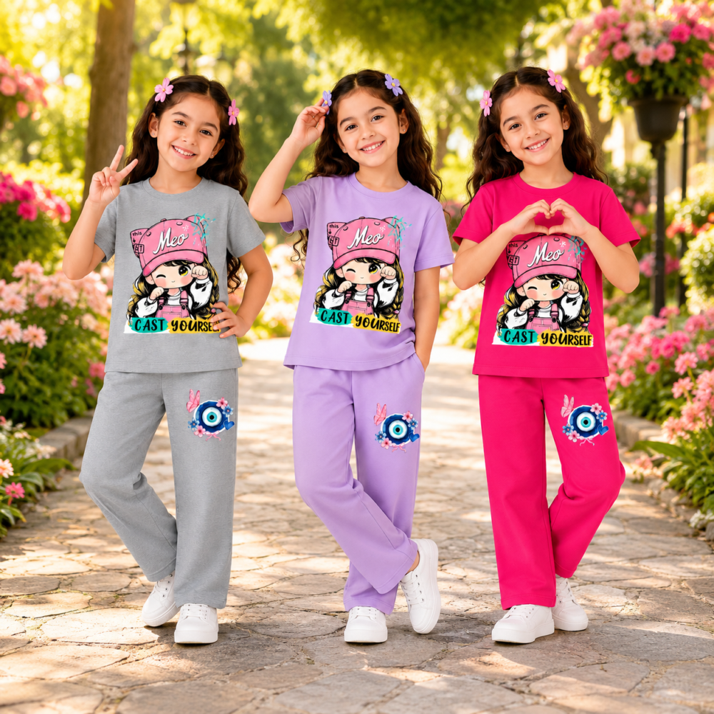 Girls Regular Cotton T-Shirt & Pant Set | Kids Printed Cotton Co-Ord Set | Soft Casual Wear
