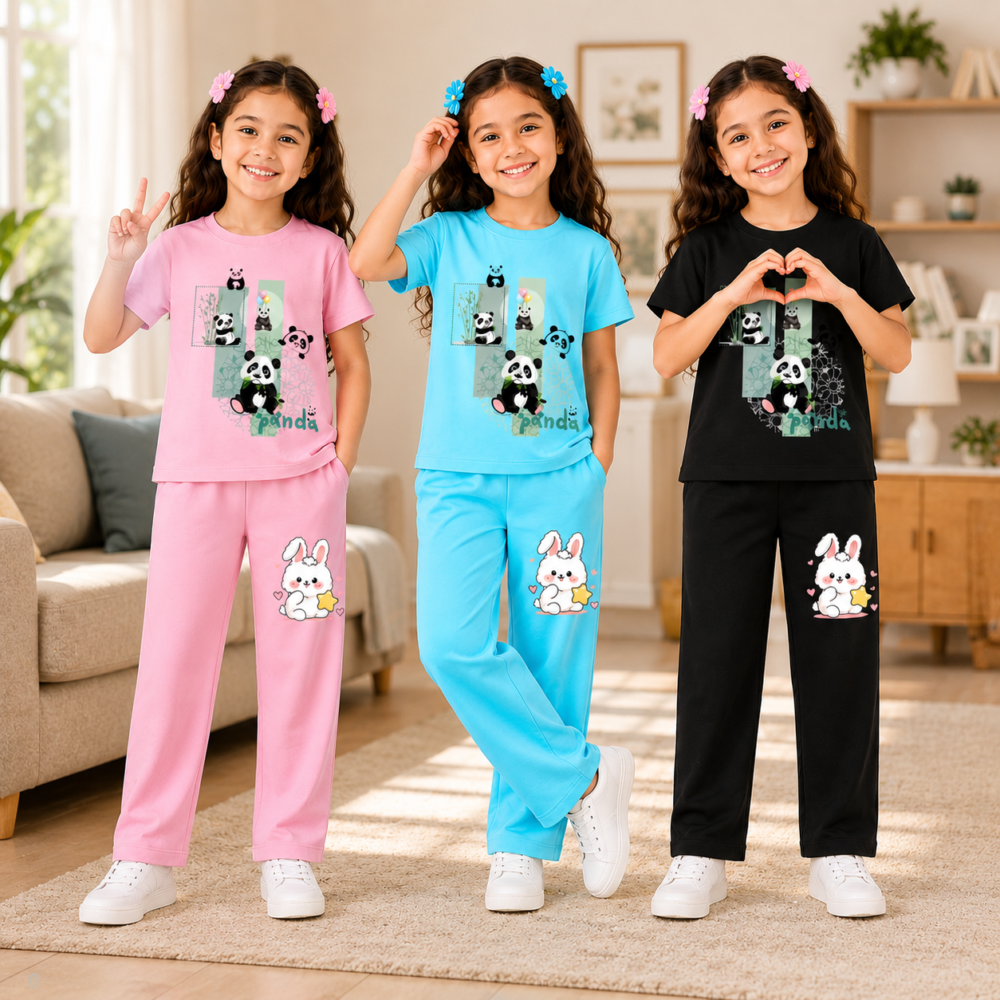Girls Regular Cotton T-Shirt & Pant Set | Kids Printed Cotton Co-Ord Set | Soft Casual Wear