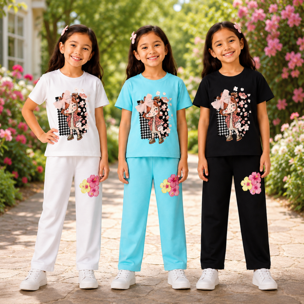 Girls Regular Cotton T-Shirt & Pant Set | Kids Printed Cotton Co-Ord Set | Soft Casual Wear