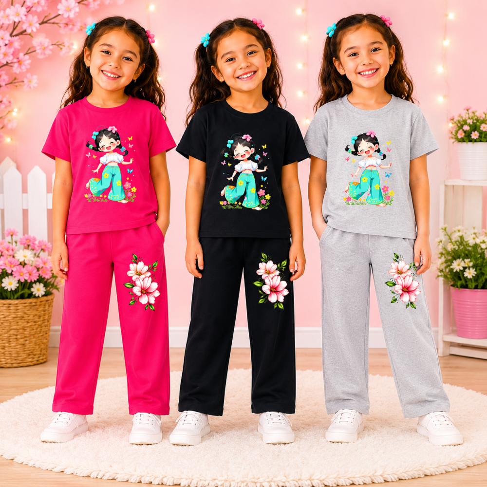 Girls Regular Cotton T-Shirt & Pant Set | Kids Printed Cotton Co-Ord Set | Soft Casual Wear