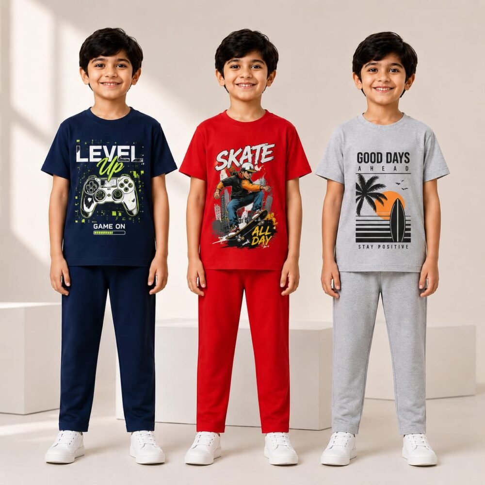 Boys Graphic Printed Cotton Night Suit Set | Half Sleeve T-Shirt & Pajama | Kids Casual Sleepwear (Navy, Red & Grey)