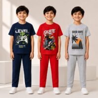 Boys Graphic Printed Cotton Night Suit Set | Half Sleeve T-Shirt & Pajama | Kids Casual Sleepwear (Navy, Red & Grey)