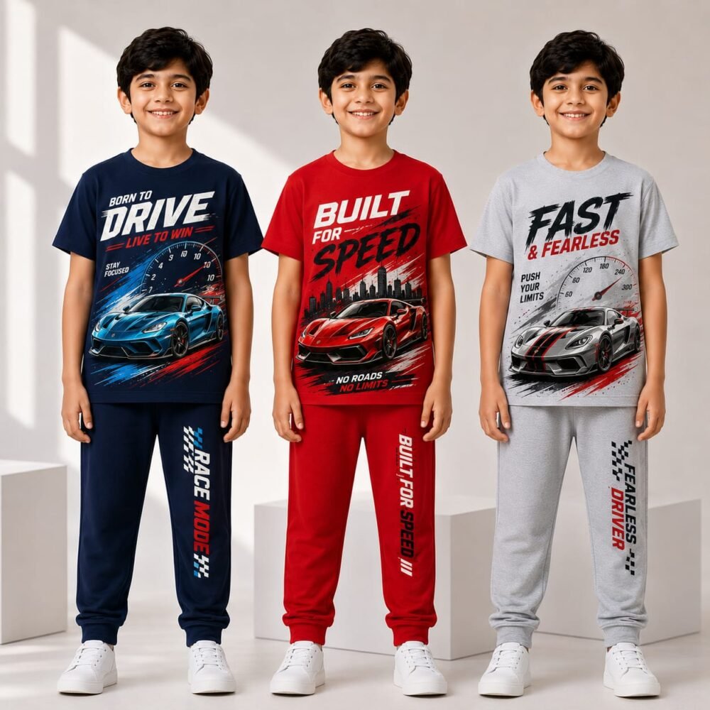 Boys Racing Car Printed Cotton Night Suit Set | Half Sleeve T-Shirt & Jogger Pajama | Kids Graphic Sleepwear