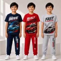 Boys Racing Car Printed Cotton Night Suit Set | Half Sleeve T-Shirt & Jogger Pajama | Kids Graphic Sleepwear