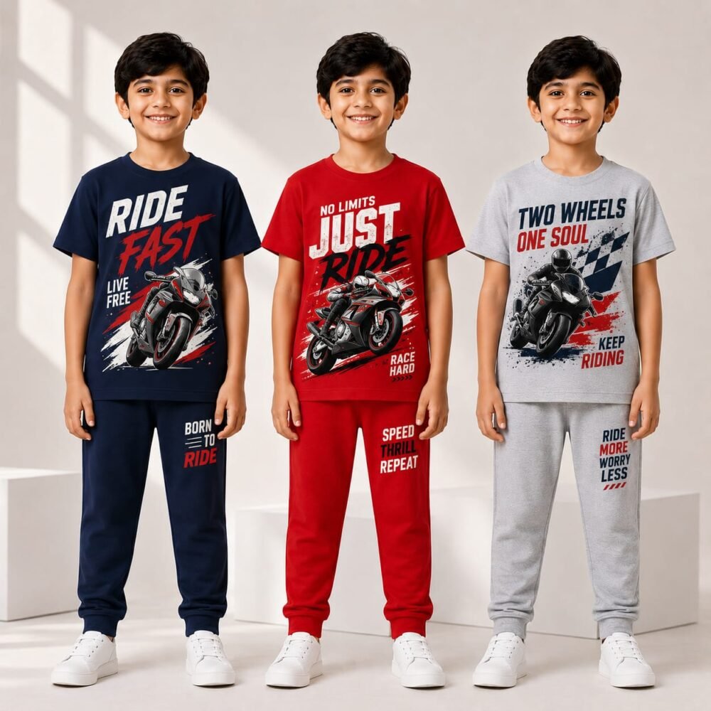Kids Boys Cotton Printed T-Shirt & Track Pant Co-Ord Set | Motorcycle Racing Graphic Casual Outfit