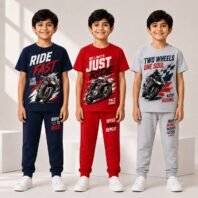 Kids Boys Cotton Printed T-Shirt & Track Pant Co-Ord Set | Motorcycle Racing Graphic Casual Outfit