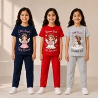 Kids Girls Regular Cotton Pant Set – Angel Print Half Sleeve T-Shirt & Full-Length Pants | Soft Casual Daily Wear
