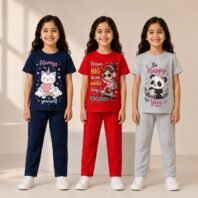 Kids Girls Regular Cotton Pant Set – Cute Cartoon Graphic Printed T-Shirt & Pant Co-Ord Set | Soft & Comfortable Daily Wear