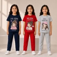 Kids Girls Regular Cotton Pant Set – Korean Cartoon Print Half Sleeve T-Shirt & Full-Length Pants | Soft Casual Daily Wear