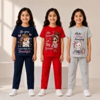 Kids Girls Regular Cotton Pant Set – Cute Graphic Printed T-Shirt & Pant Co-Ord Set | Soft Cotton Casual Wear