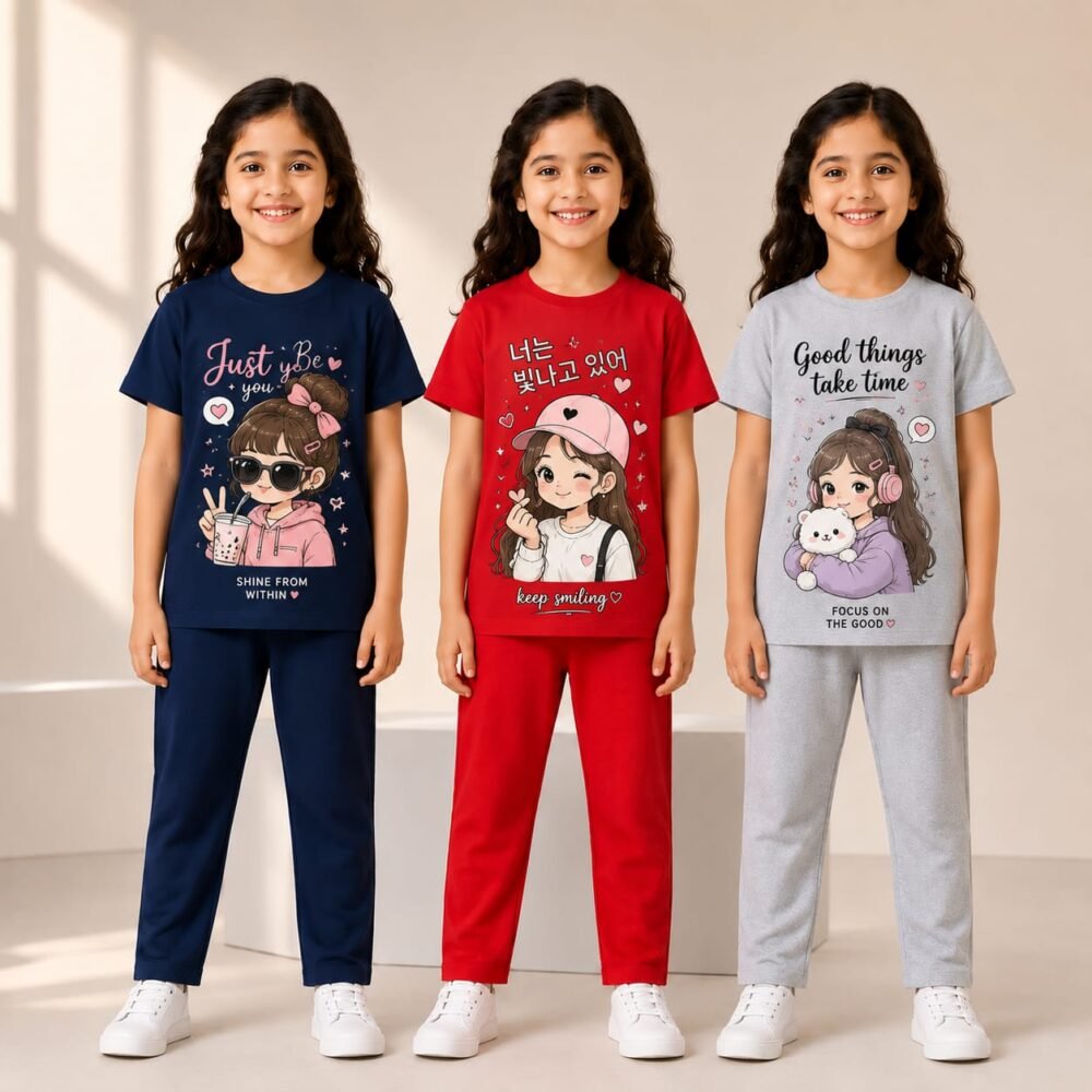 Kids Girls Regular Cotton Pant Set – Cute Cartoon Graphic Printed T-Shirt & Pant Co-Ord Set | Soft Cotton Daily Wear