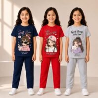 Kids Girls Regular Cotton Pant Set – Cute Cartoon Graphic Printed T-Shirt & Pant Co-Ord Set | Soft Cotton Daily Wear