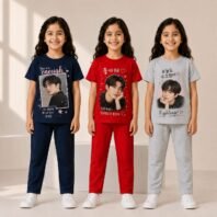 Kids Girls Regular Cotton Pant Set – Trendy Graphic Printed T-Shirt & Pant Co-Ord Set | Soft Cotton Casual Wear